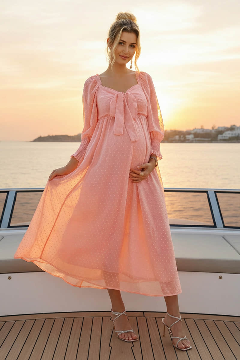 Summer Mae Bow Tie Neck Maternity Midi Dress | Sheer Sleeve Bump Friendly Photoshoot Dress Summer Mae Bow Tie Neck Maternity Midi Dress | Sheer Sleeve Bump Friendly Photoshoot Dress