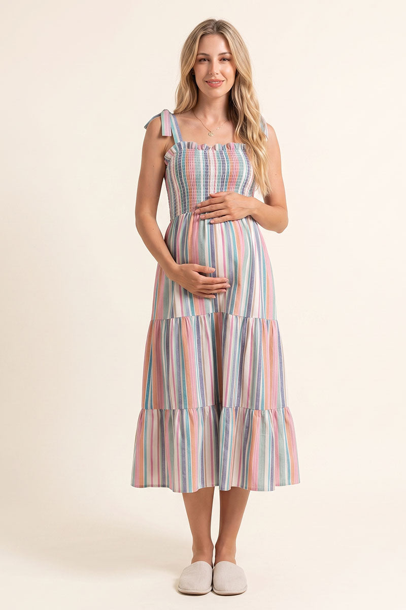 Summer Mae Striped Smocked Maternity Midi Dress