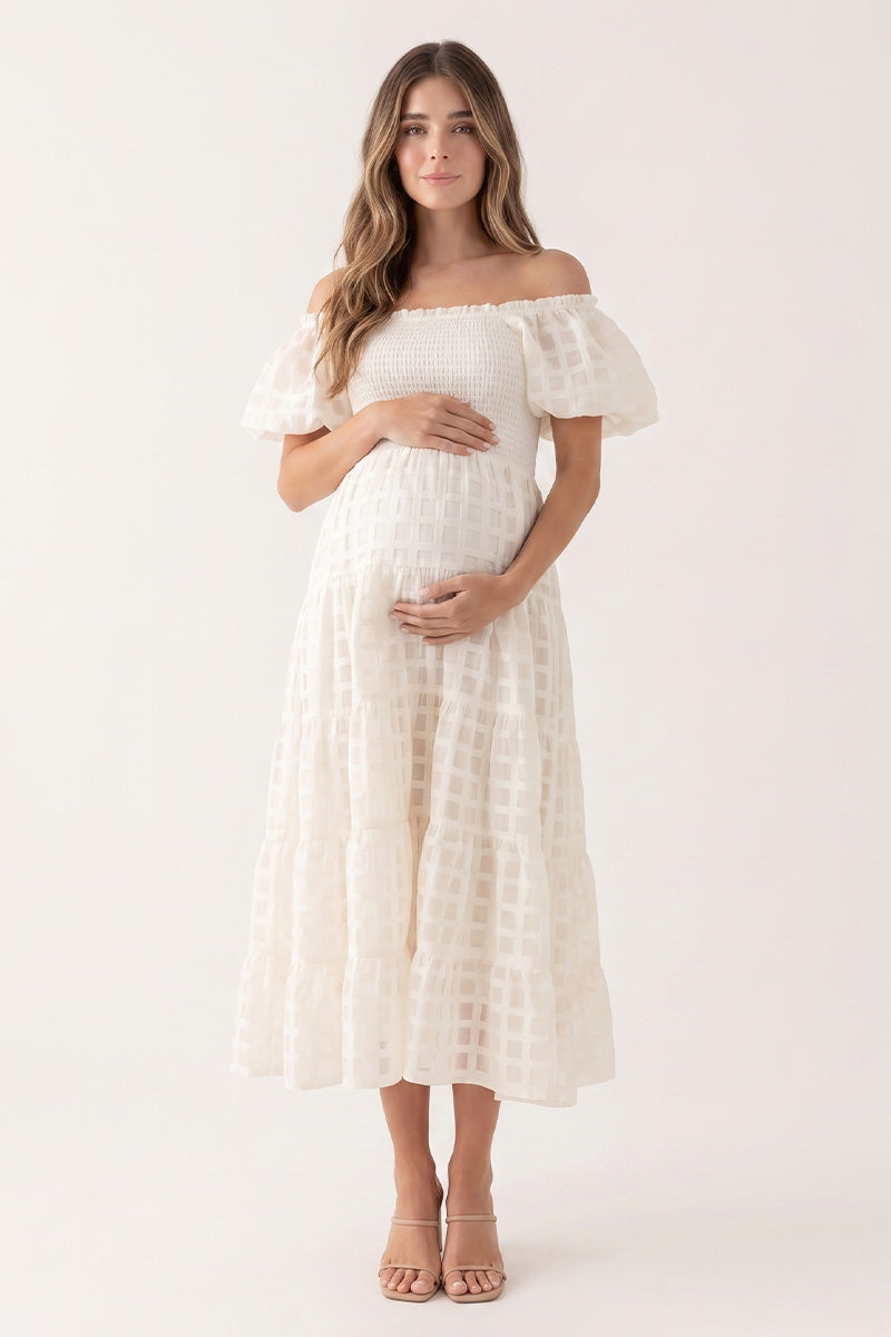 Summer Mae Off-Shoulder Puff Sleeve Maternity Midi Dress