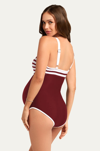 Maternity One Piece Nursing Swimsuit With Metal Button Front Wine Red Strokes