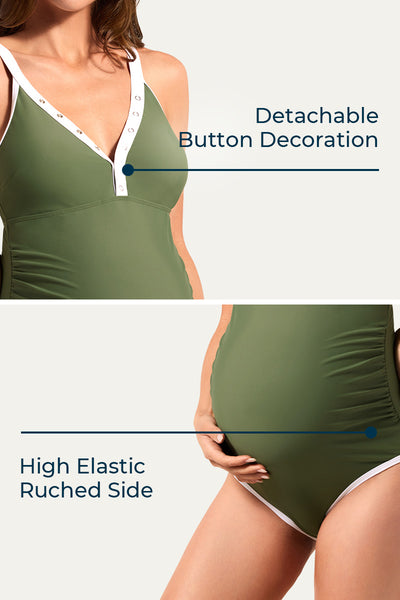 Maternity One Piece Nursing Swimsuit With Metal Button Front Olive