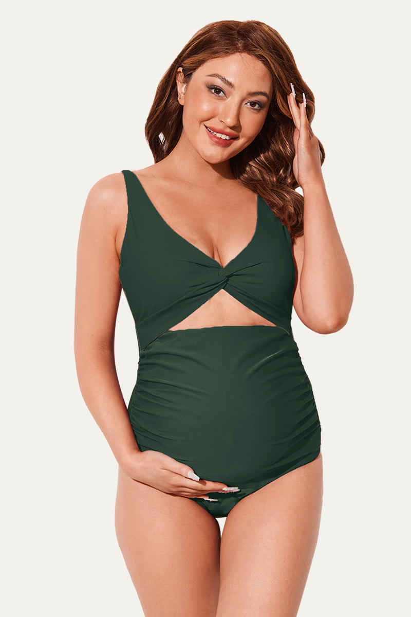 twist-front-cutout-one-piece-pregnancy-swimwear-criss-cross-bathing-suit#color_olive