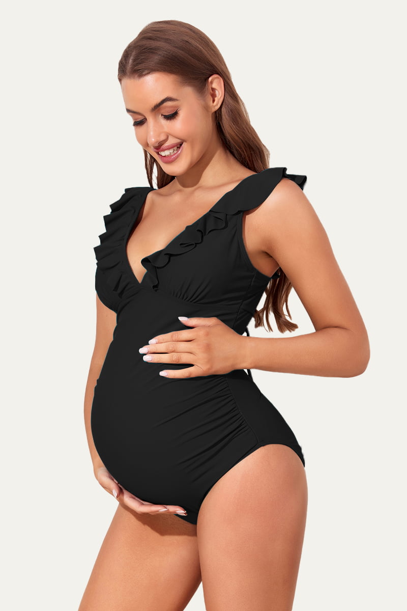 Ruffle One Piece Maternity Bathing Suit With Lace-up Back