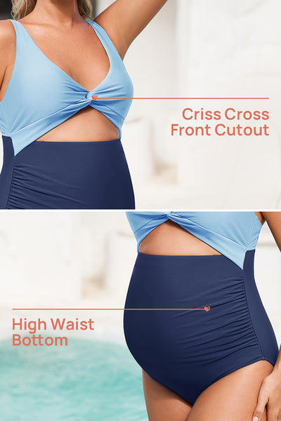 twist-front-cutout-one-piece-pregnancy-swimwear-criss-cross-bathing-suit#color_baby-blue-navy