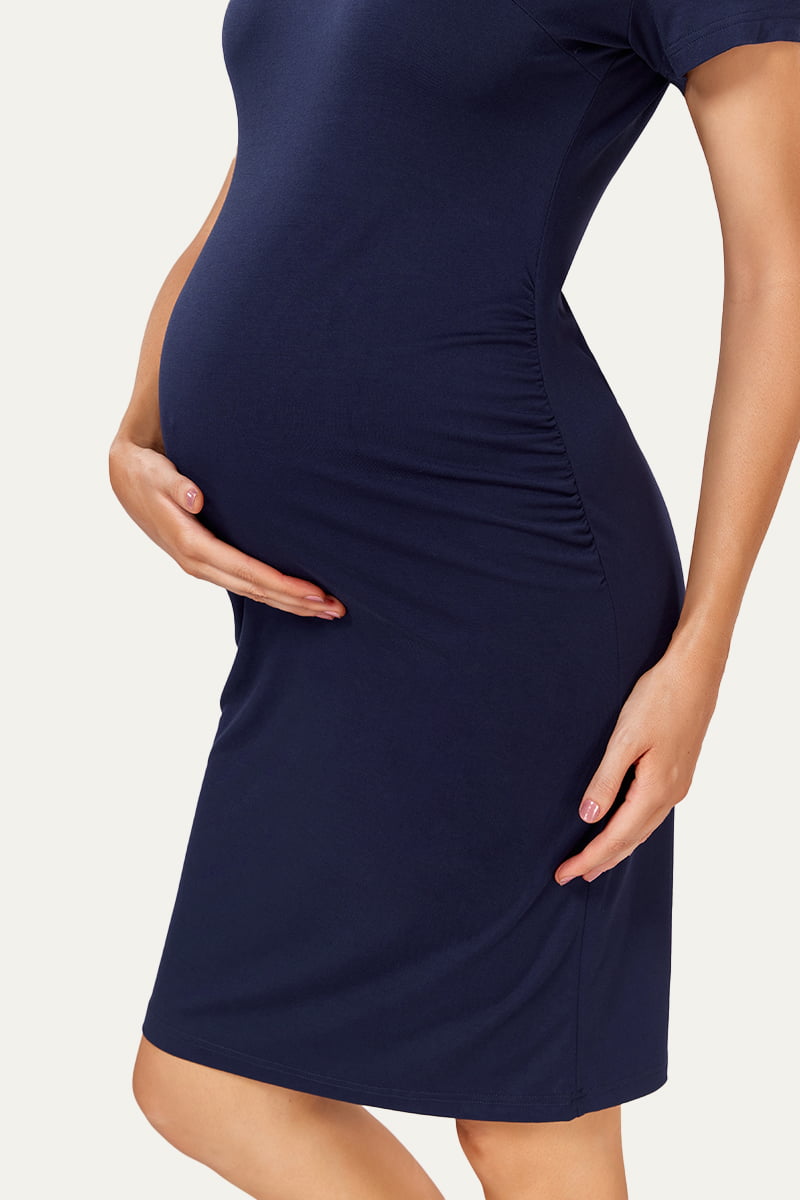Summer Mae Women's Short Sleeve Ruched Maternity Dress, Olive / 2XL
