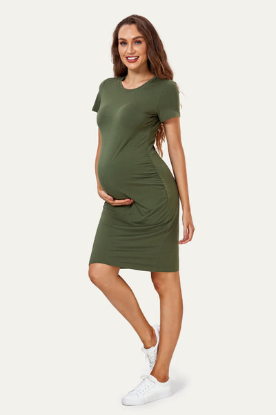 womens-short-sleeve-reched-maternity-dress#color_olive