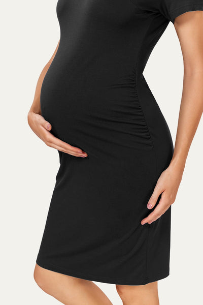 womens-short-sleeve-reched-maternity-dress#color_black
