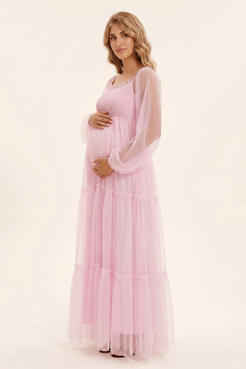 pink baby shower dress Angel Maternity Lila Maternity in Candy Off white and blush Matilda maxi tulle maternity dress with long sleeves and lace top part made of satin Pink Baby Shower Dress: Summer