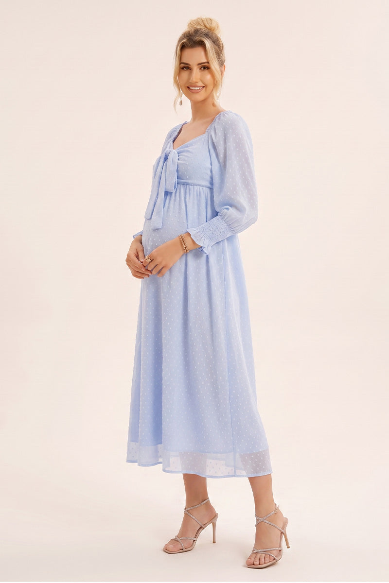 blue bow maternity dress Light Blue Ribbed Knit Bow Back Maternity Maxi Dress PinkBlush