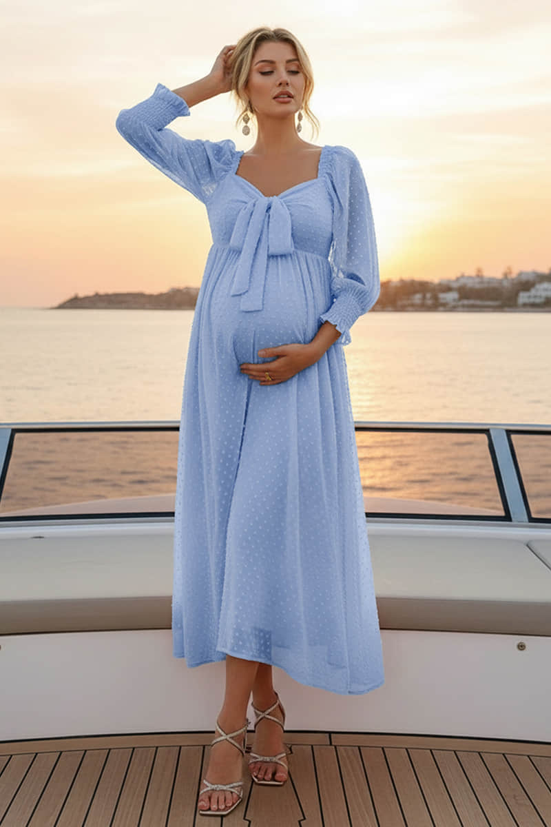 Summer Mae Bow Tie Maternity Midi Dress | Sheer Sleeve Babymoon Dress Apricot Pink / S Summer Mae Bow Tie Maternity Midi Dress | Sheer Sleeve Babymoon Dress Apricot Pink / S