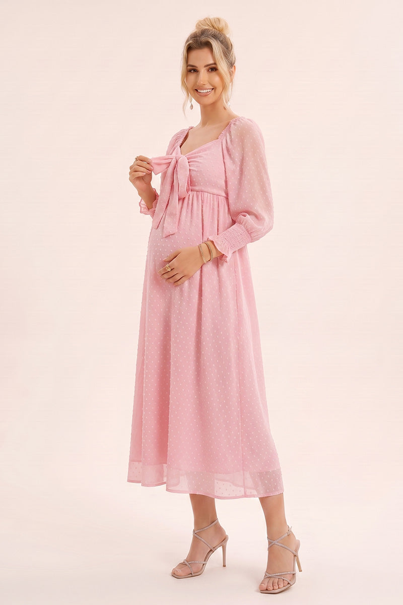 cute long sleeve maternity dresses Momyknows Ruffle Ruched High Waist Puff Sleeve Cute Gender Reveal Maternity Maxi Dress, Light Green / S