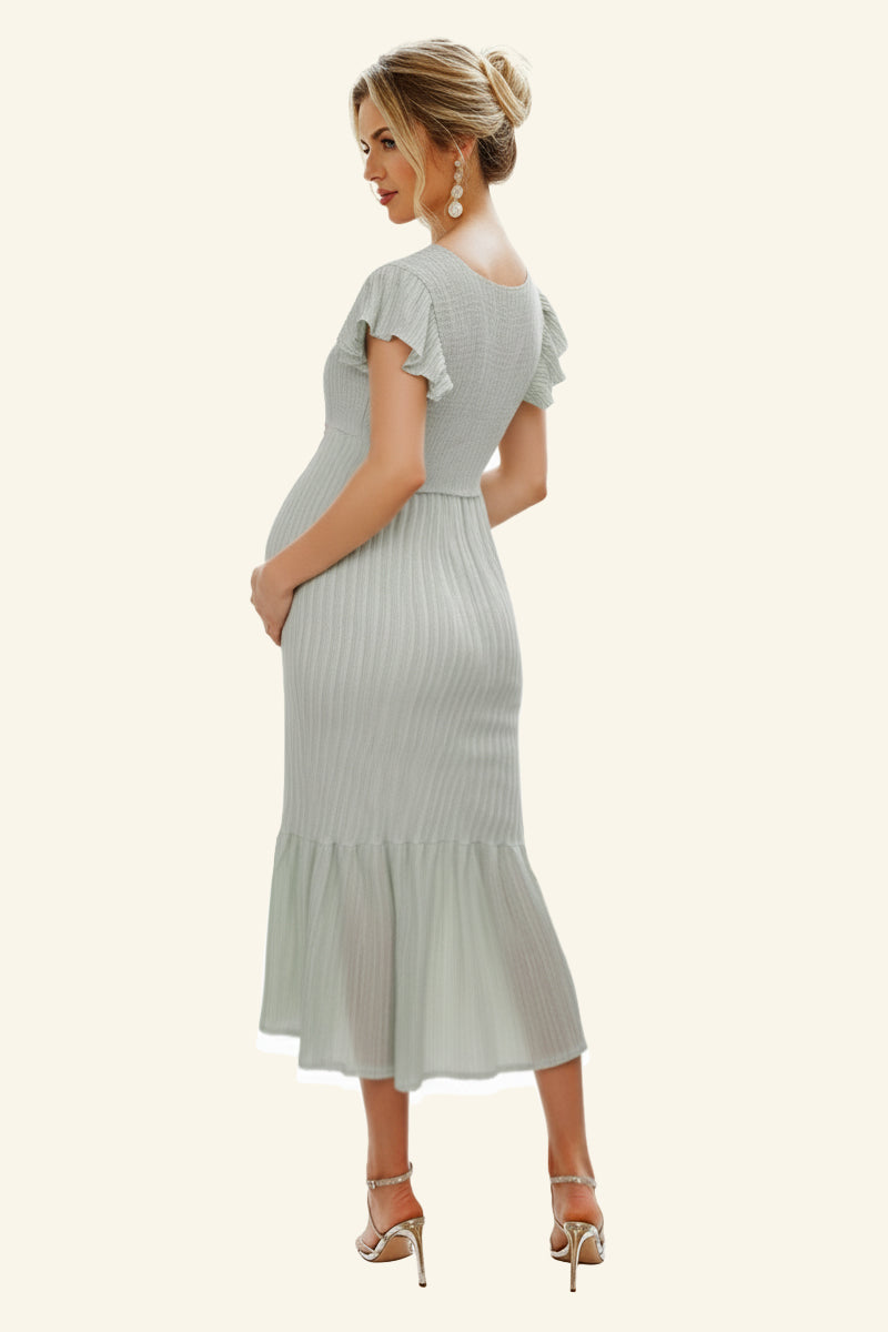 Summer Mae V-Neck Ruffle Sleeve Maternity Midi Dress | Bump Friendly Light Green / M Summer Mae V-Neck Ruffle Sleeve Maternity Midi Dress | Bump Friendly Light Green / M