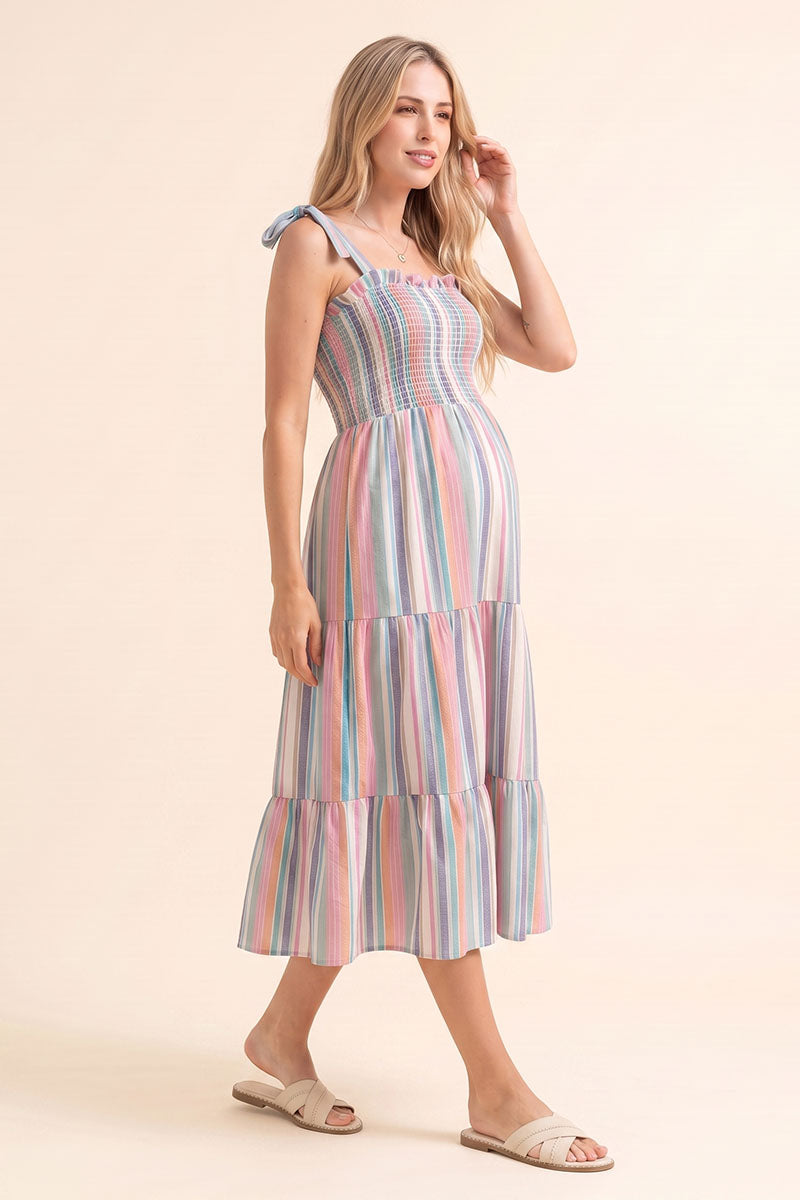 Summer Mae Striped Smocked Maternity Midi Dress