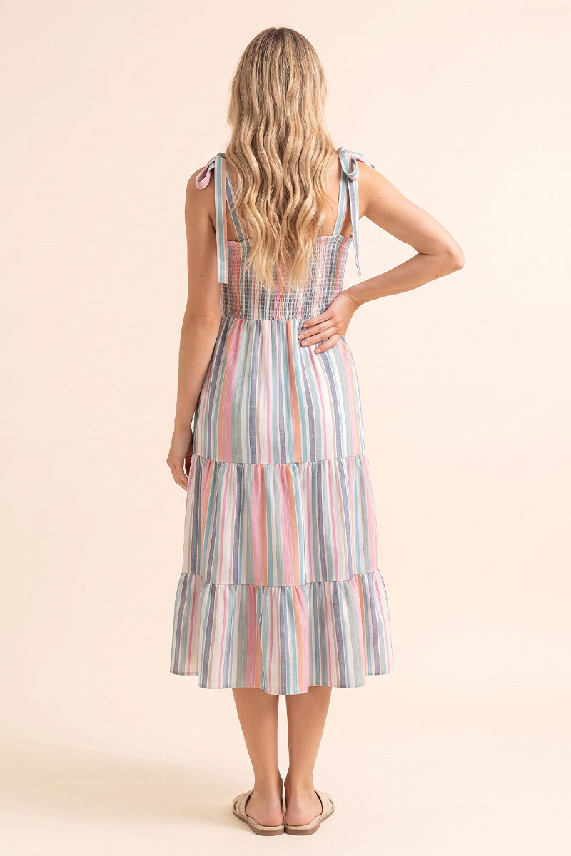 blue and pink maternity dress Summer Mae Striped Smocked Midi * Easy to match