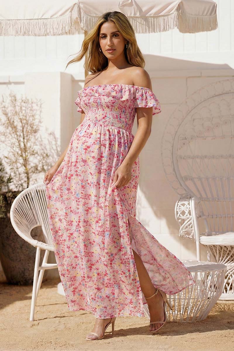 bump friendly maxi dresses Summer Mae Floral Off-Shoulder Maternity Dress Size:UK 12 (M) Filet Mignon with Creamy Product Group: 3791