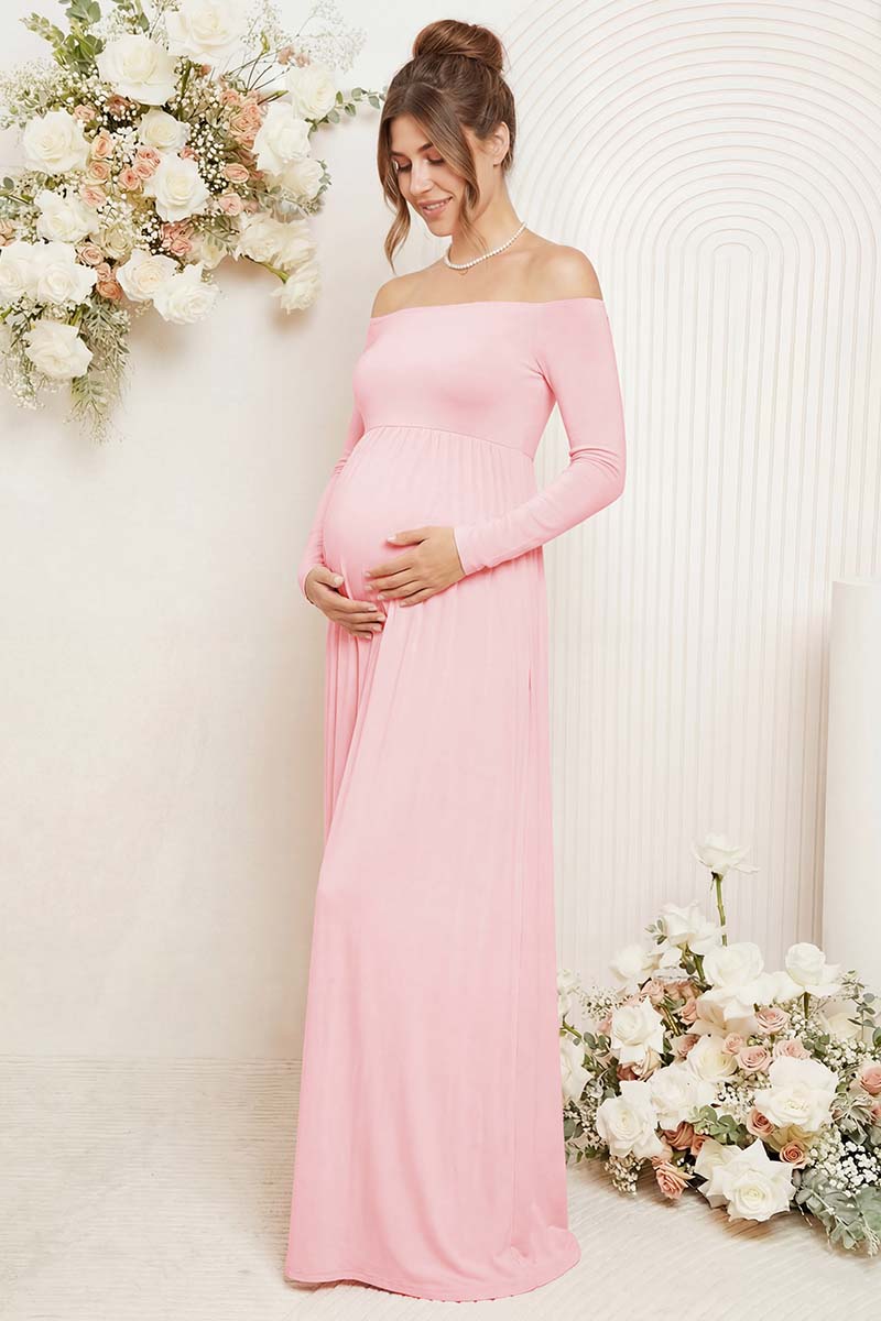 Summer Mae Off Shoulder Maternity Maxi Dress | Long Sleeve Photo Dress Pink / S