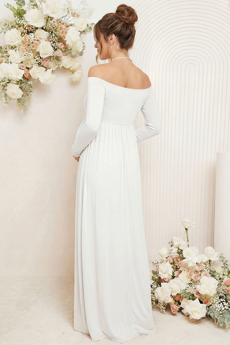 long white off the shoulder maternity dress Cream White off Shoulder Maternity Chiffon Evening Dress With Slit