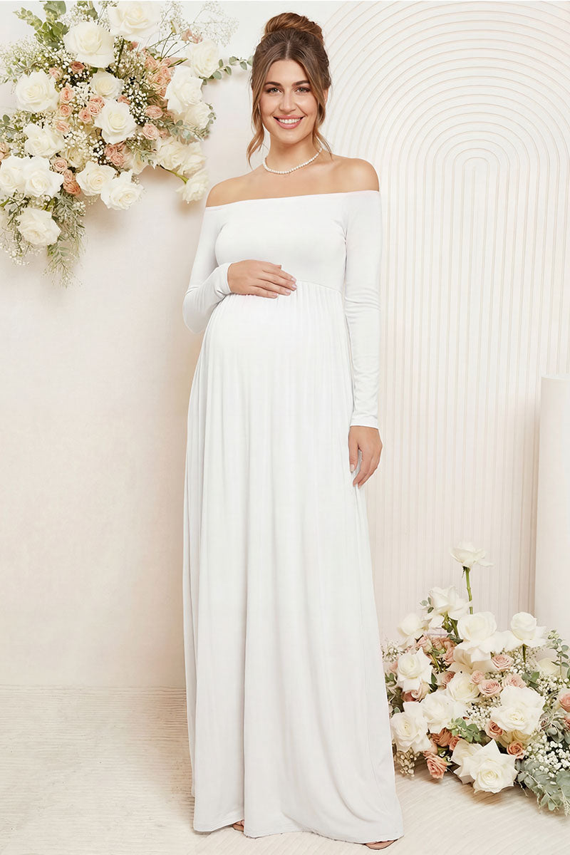 long sleeve off the shoulder maternity maxi dress Brown Lace Smocked Long Sleeve Off Shoulder Maternity Maxi Dress
