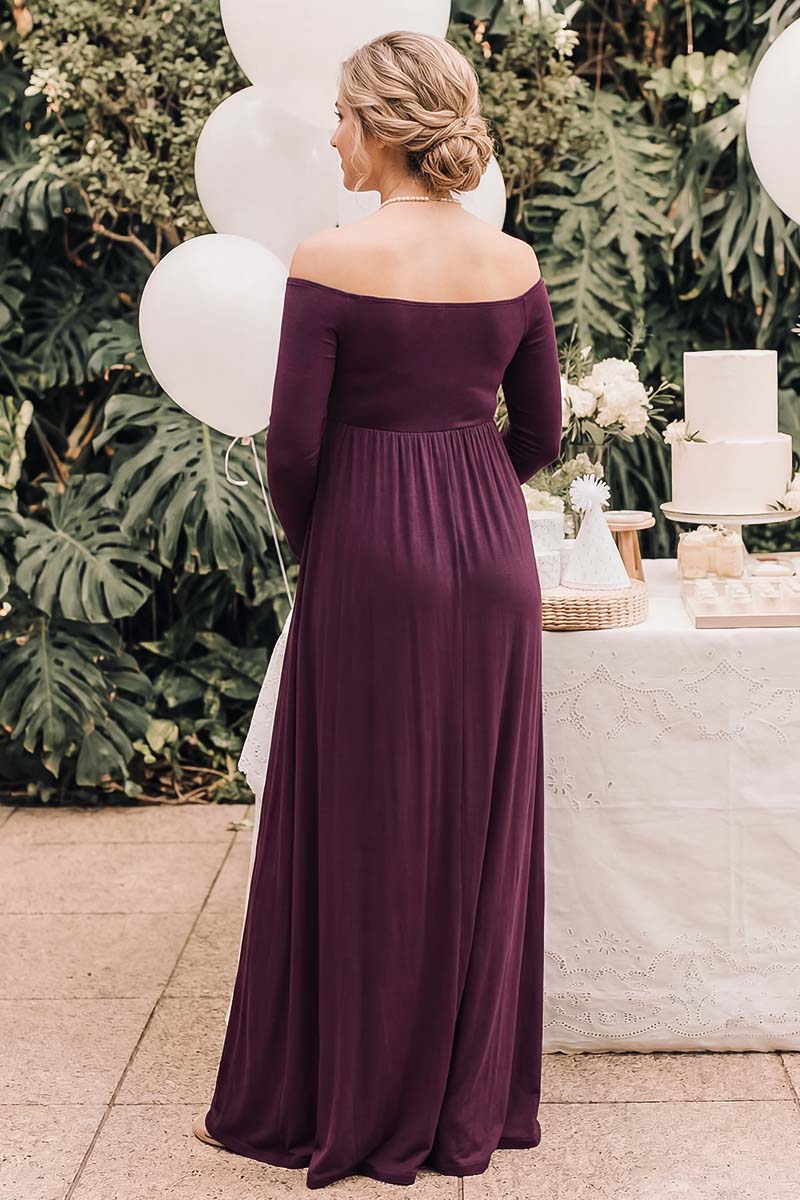 maternity maxi dress off shoulder Summer Mae The cinched waist beautifully Colour:PLUM 2025week17 Pretty Little Ruffle Mini