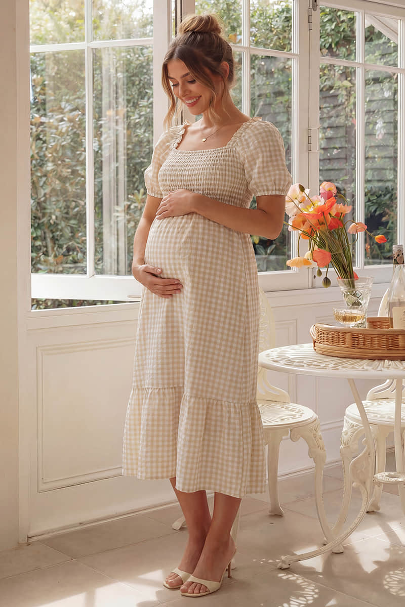 maternity vacation dresses Summer Mae Gingham Maternity Midi Dress