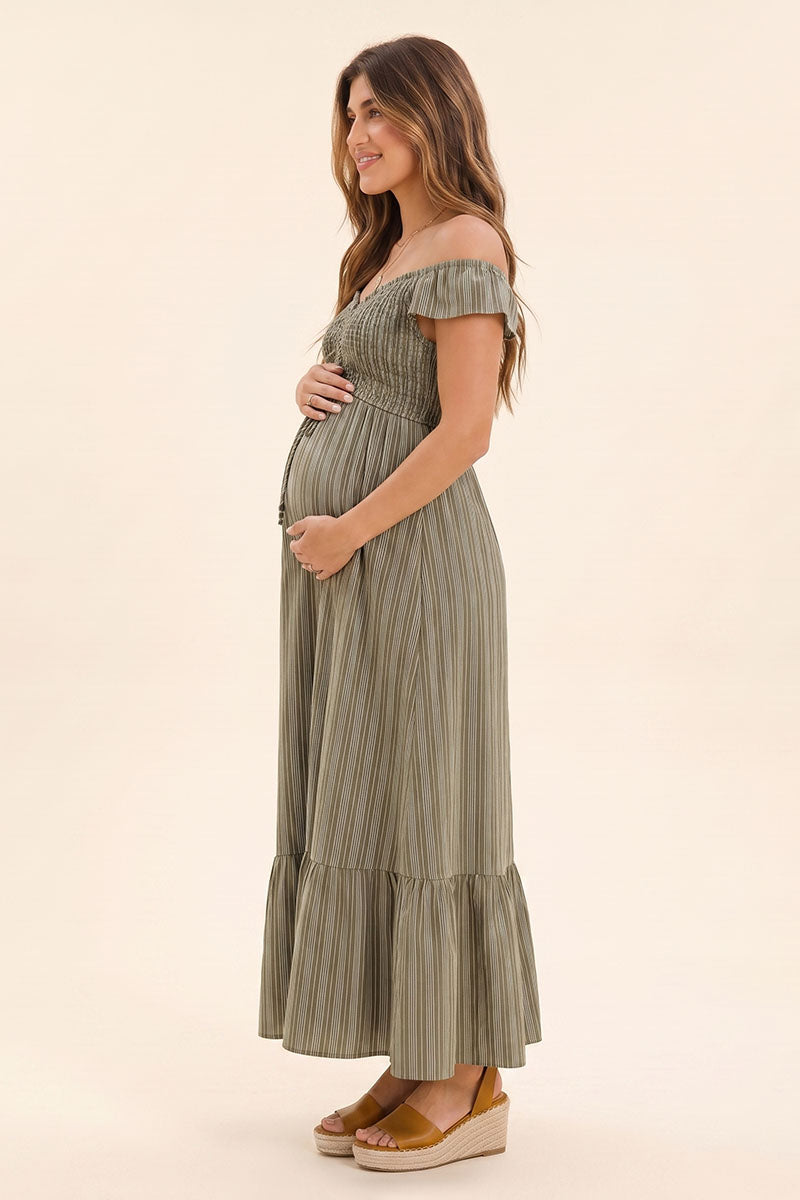 Summer Mae Striped Off Shoulder Maternity Maxi Dress