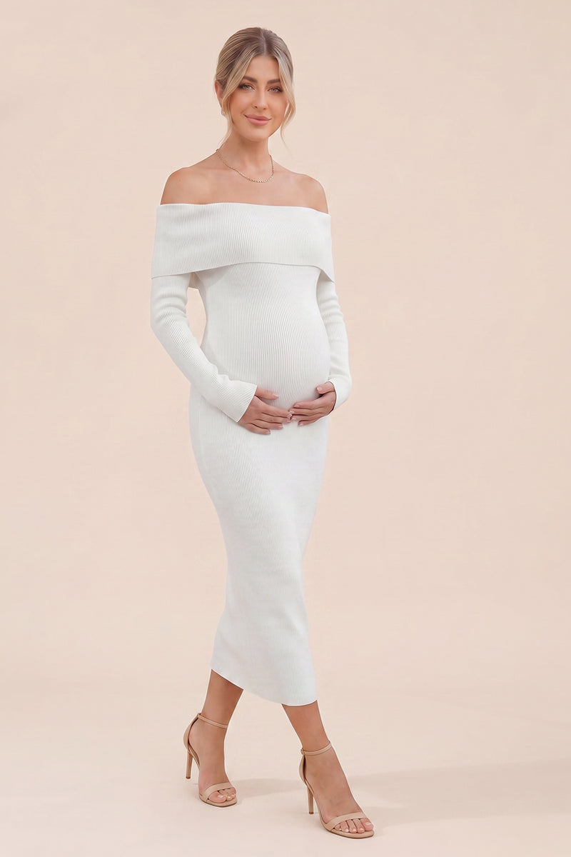 long sleeve bump friendly dresses Summer Mae Off-Shoulder Maternity Bodycon Dress 2P Front Pocket Mini Sweater 0) / S (2 Size:36 | XL