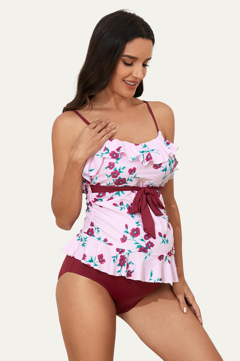 two-piece-ruffle-knot-tie-front-pregnancy-bathing-suits#color_embrace-the-floral-sea