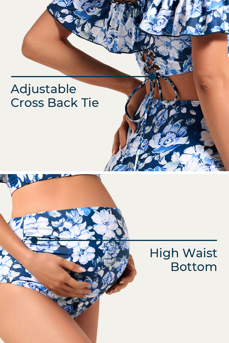 Flounce Off Shoulder Maternity Bathing Suit | Two Piece Bikini Set Blue Blossom