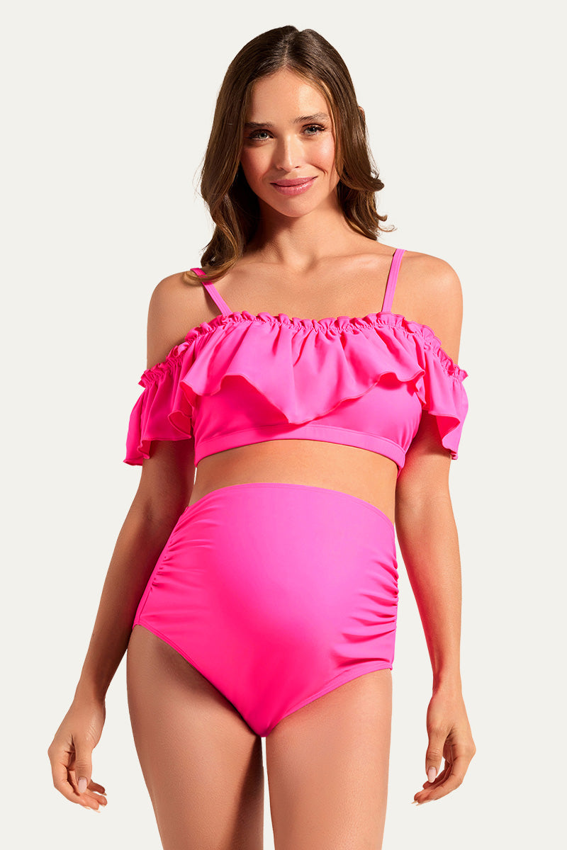 Flounce Off Shoulder Maternity Bathing Suit | Two Piece Bikini Set Hot Pink
