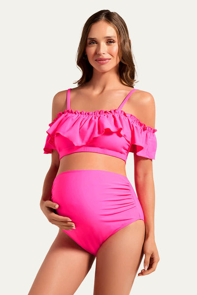 flounce-off-shoulder-maternity-bathing-suit-two-piece-bikini-set#color_hot-pink