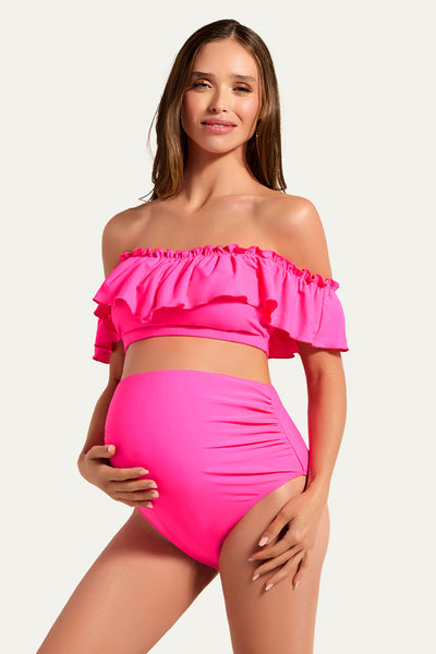 Flounce Off Shoulder Maternity Bathing Suit | Two Piece Bikini Set Hot Pink