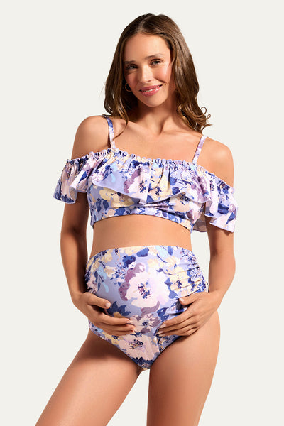 Flounce Off Shoulder Maternity Bathing Suit | Two Piece Bikini Set Purple Blossom