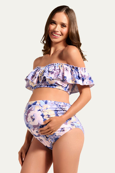 Flounce Off Shoulder Maternity Bathing Suit | Two Piece Bikini Set Purple Blossom