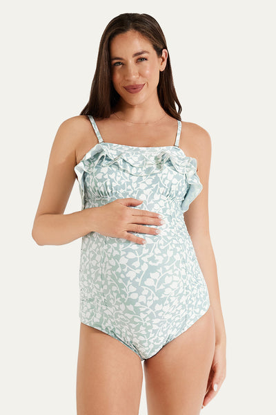 One Piece Double Layer Ruffles Pregnancy Swimwear Ripping Green Waves