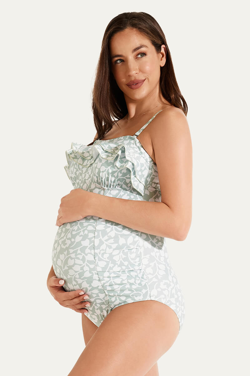 one-piece-double-layer-ruffles-pregnancy-swimwear#color_ripping-green-waves
