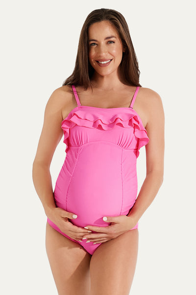 One Piece Double Layer Ruffles Pregnancy Swimwear Hot Pink