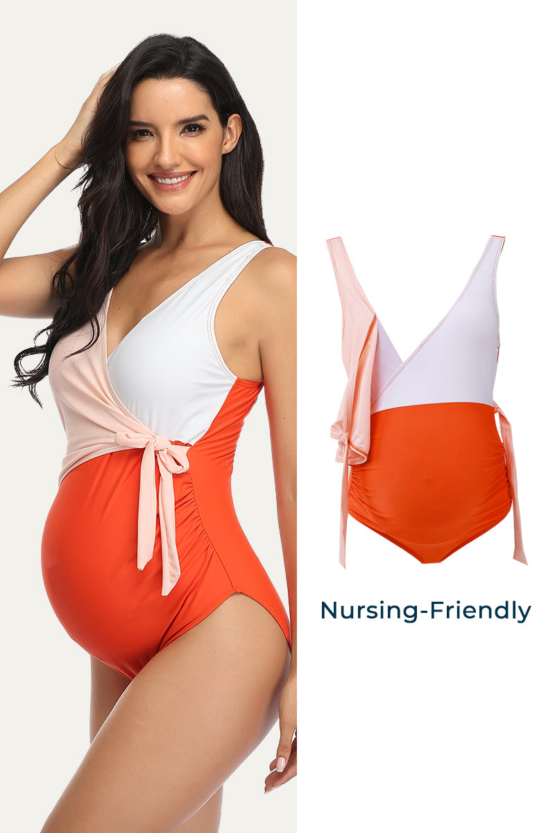 plus-size-tie-closure-maternity-one-piece-bathing-suit#color_mauve-white-orange-crush