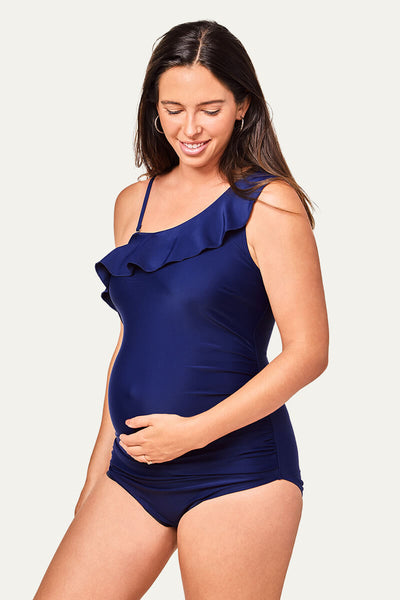 Maternity One Piece Bathing Suit With Ruffled One Shoulder