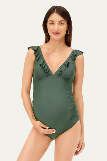 Ruffle One Piece Maternity Bathing Suit With Lace-up Back