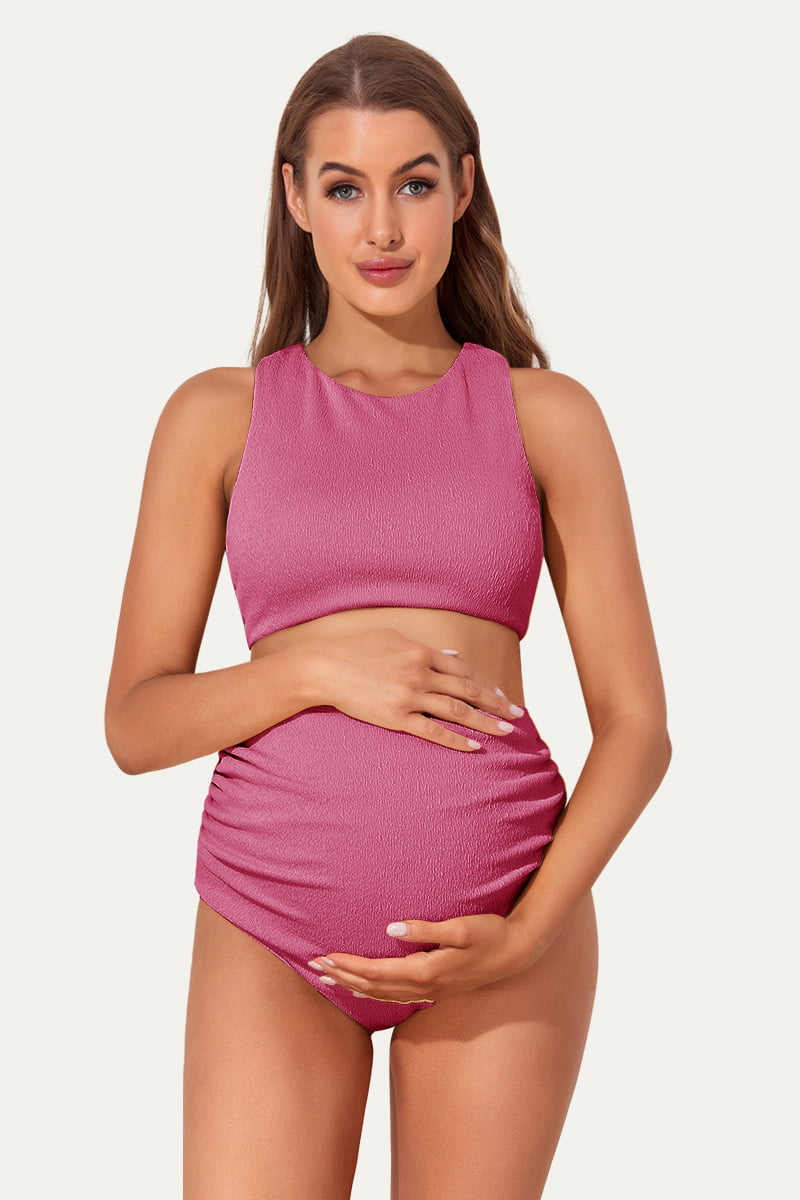 maternity-textured-crisscross-high-waist-bikini-swimsuit#color_bright-pink