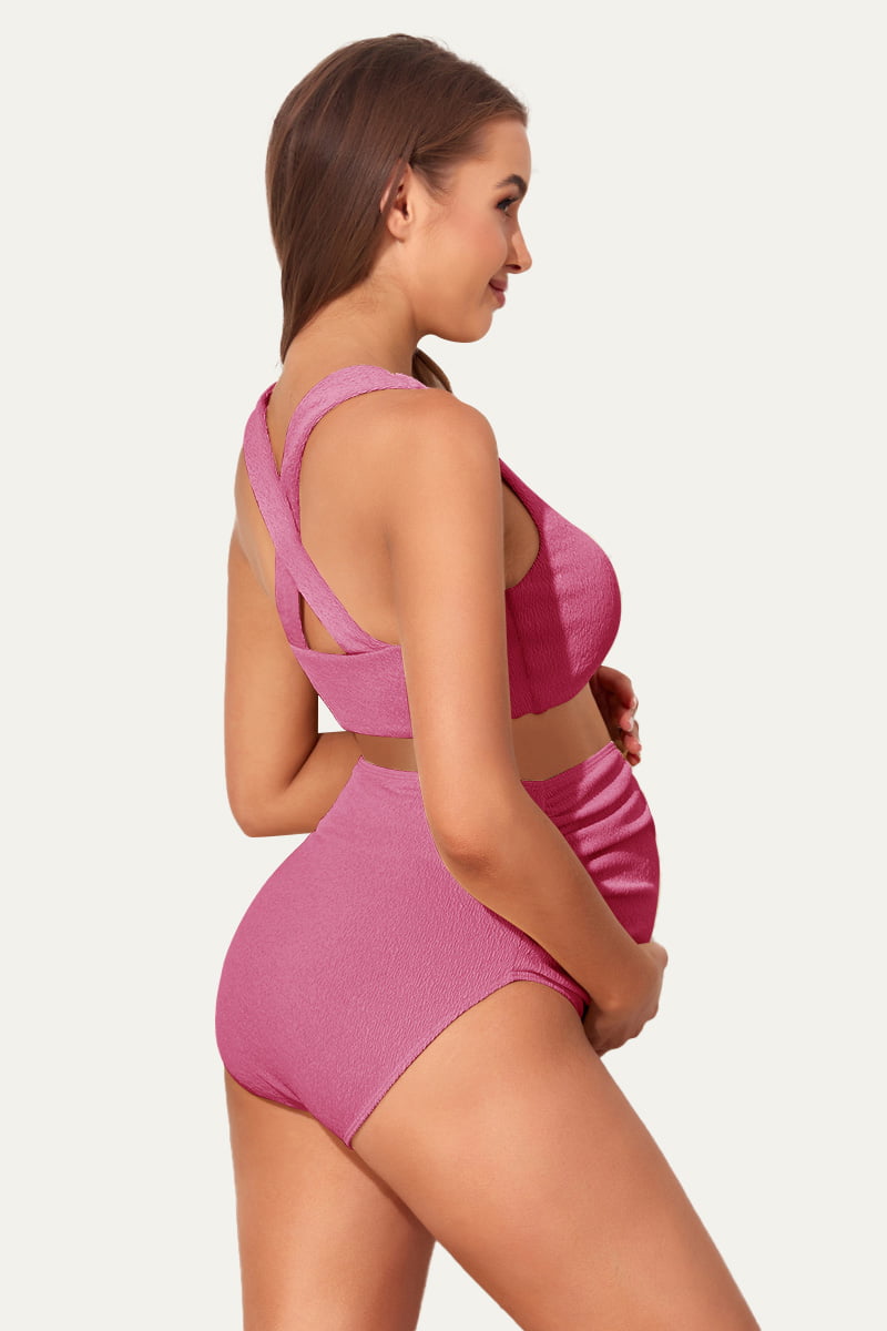 maternity-textured-crisscross-high-waist-bikini-swimsuit#color_bright-pink