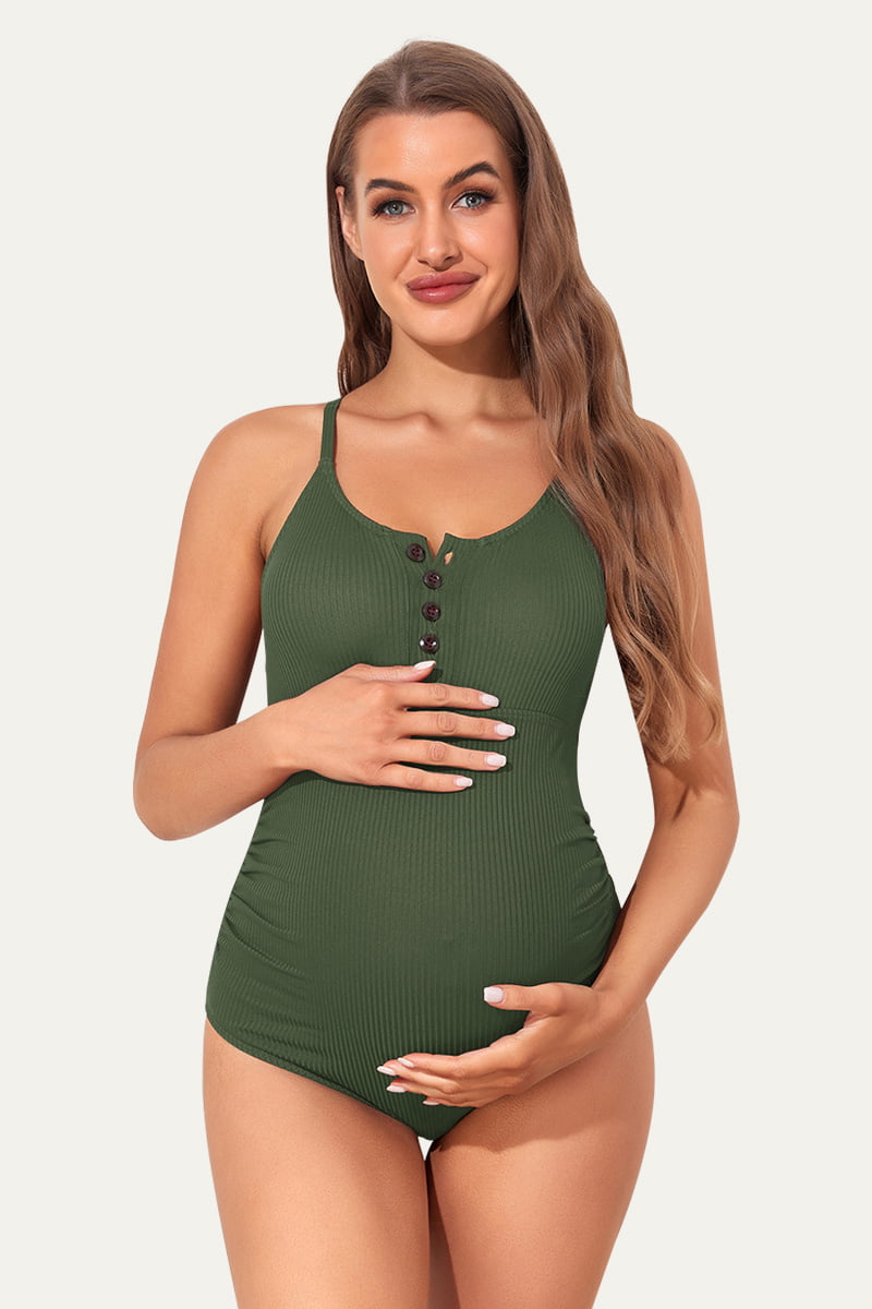 Maternity Swimsuit One Piece With Ribbed, Button Front Design – Summer Mae