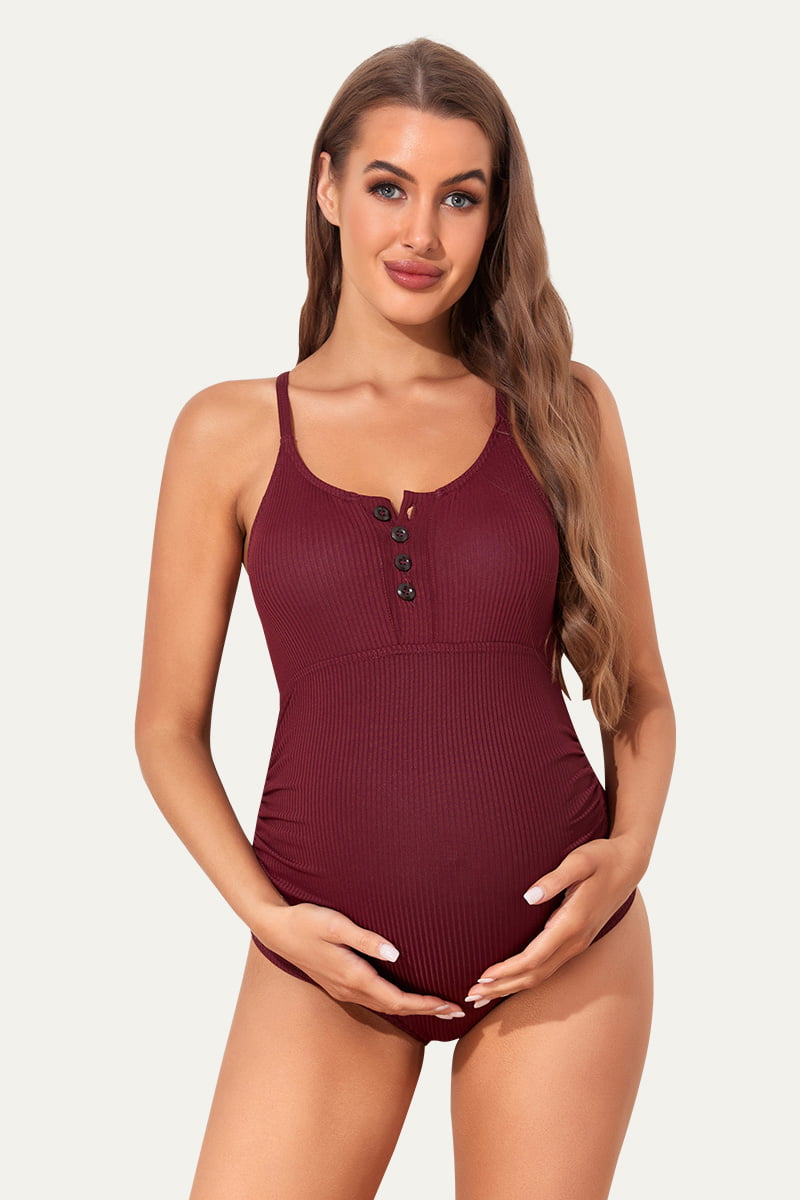 Maternity Swimsuit One Piece With Ribbed, Button Front Design