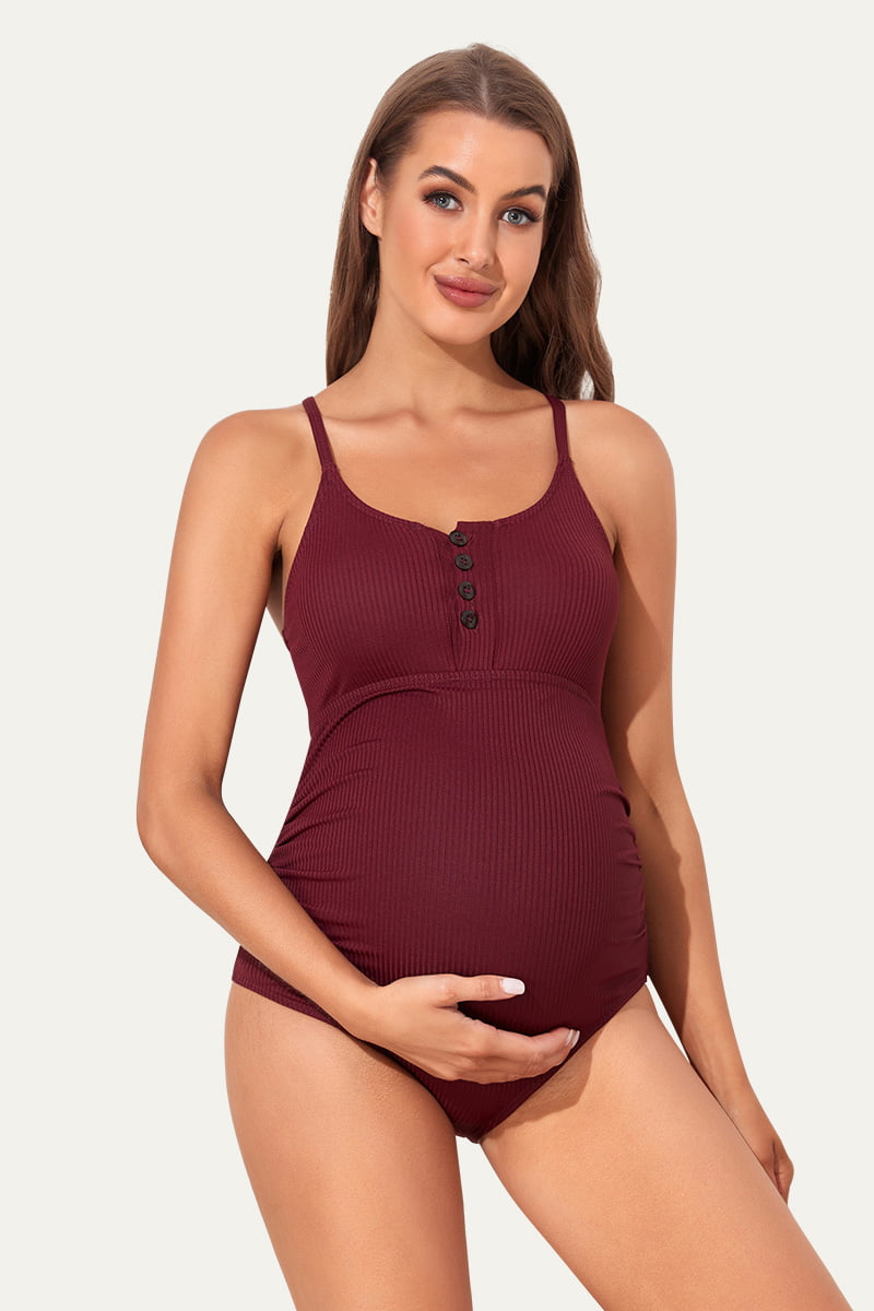Maternity Swimsuit One Piece With Ribbed, Button Front Design