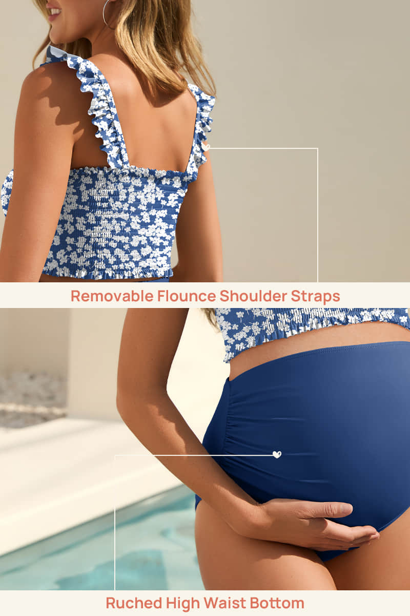 ruffled-smocked-top-high-waisted-maternity-bikini-set#color_ditsy-floral-baby-blue