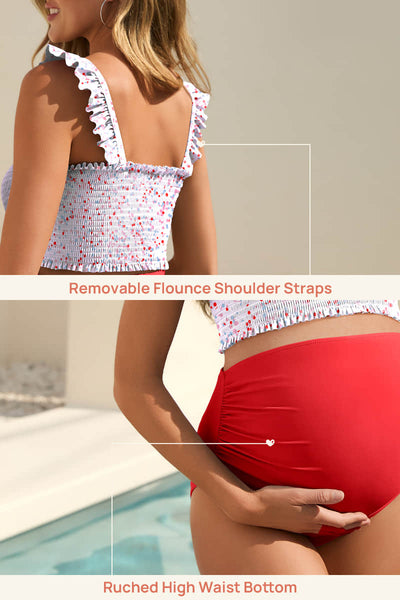 ruffled-smocked-top-high-waisted-maternity-bikini-set#color_beatific-polka-dot-coral