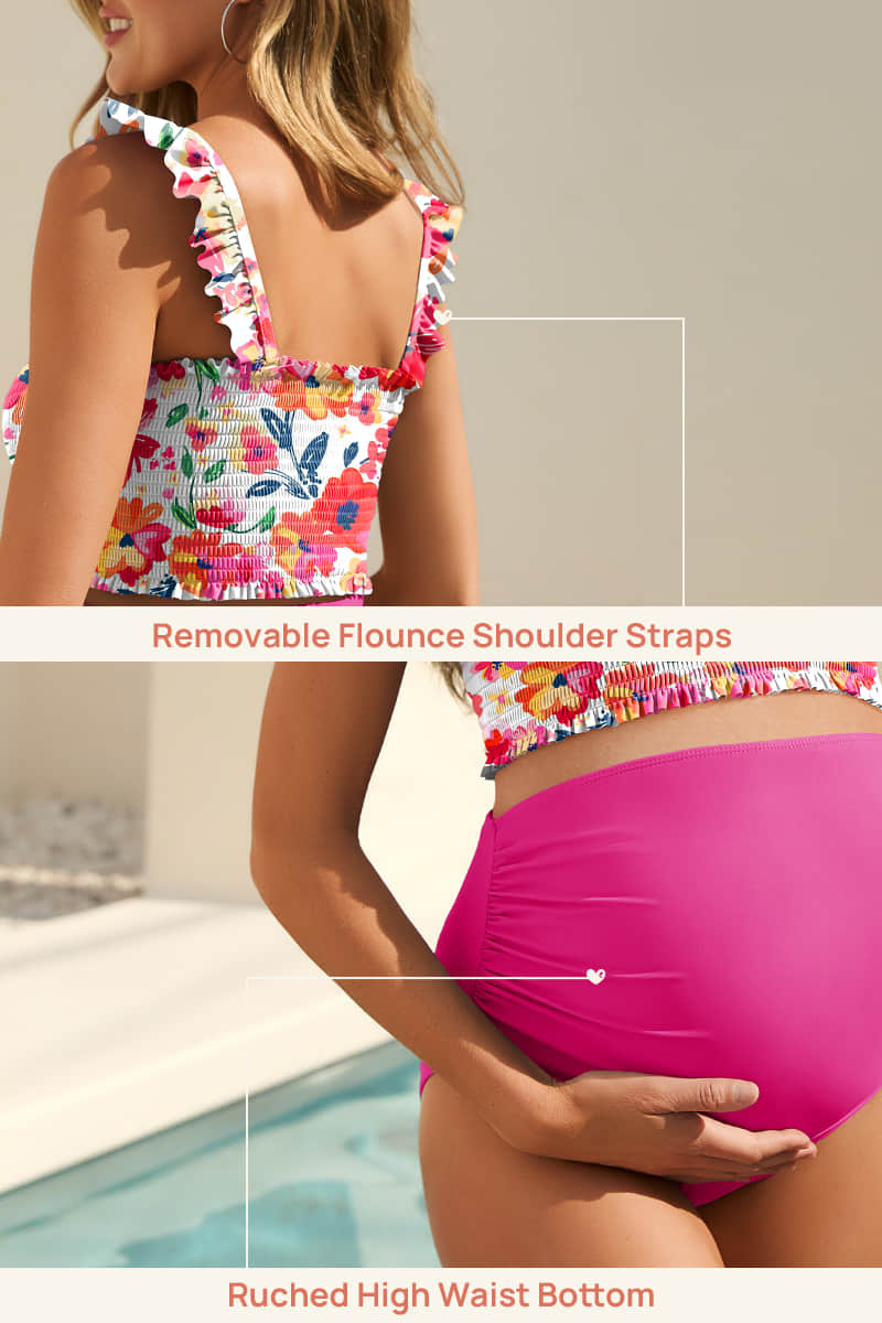 ruffled-smocked-top-high-waisted-maternity-bikini-set#color_doodle-blooms-hot-pink