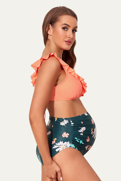 High Waisted Cute Maternity Swimwear Two Piece With Flounce Top