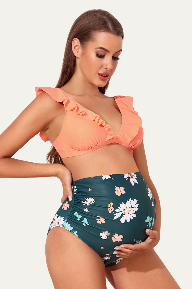 High Waisted Cute Maternity Swimwear Two Piece With Flounce Top – Summer Mae