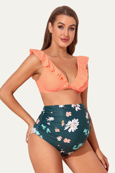High Waisted Cute Maternity Swimwear Two Piece With Flounce Top